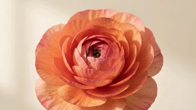 A peach-pink ranunculus flower blooms in a smooth timelapse against a soft cream background, revealing its layered petals in detail.