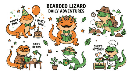 Fototapeta premium Bearded Lizard Cartoon Characters Engaging in Diverse Daily Activities and Hobbies