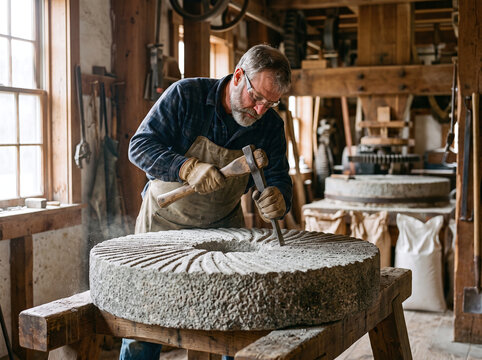 Craftsman dressing a traditional stone millstone with a hammer in a rustic mill