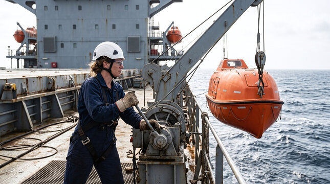 Female sailor operating a davit winch to lower a lifeboat during safety drill