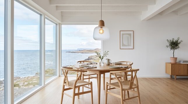Modern minimalist dining room with panoramic ocean view, scandinavian interior design featuring wooden furniture and large windows, coastal home decor, bright airy living space