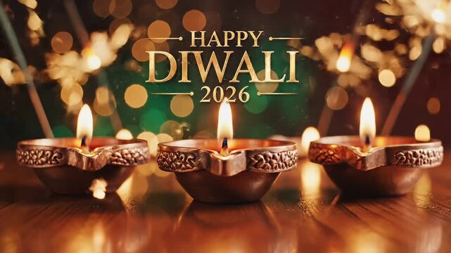Happy Diwali 2026 Greeting Card with Golden Brass Diyas on Dark Green Bokeh Background