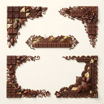 Decorative chocolate bar corner frames and borders with cocoa beans and ornate flourishes