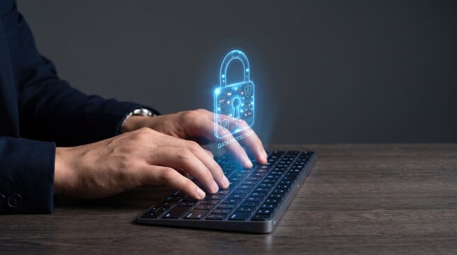 Businessman typing on keyboard with futuristic holographic padlock symbol, representing advanced cyber security, data protection, encryption technology, and digital privacys