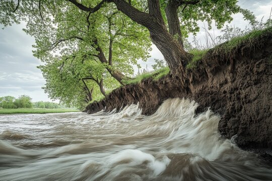 Rapid river current eroding a lush green bank.