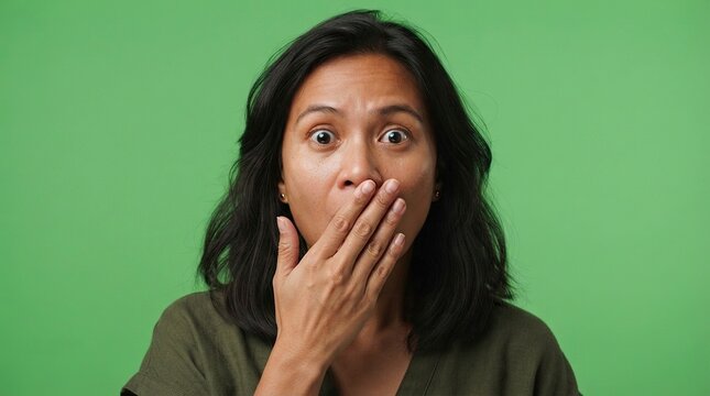 Surprised Middle-Aged Asian Woman Covering Her Mouth in Amazement Against a Green Screen Background