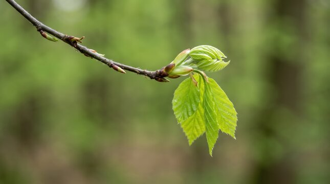 Fresh green spring leaves budding on a tree branch, symbolizing new life, growth, and renewal in nature, vibrant foliage emerging from brown buds, macro shot of plant details