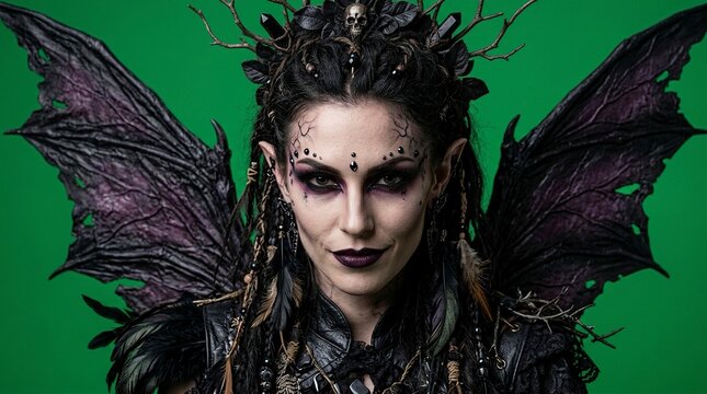 Dark Fantasy Gothic Elf Queen with Large Tattered Wings and Skull Crown on Green Screen Background