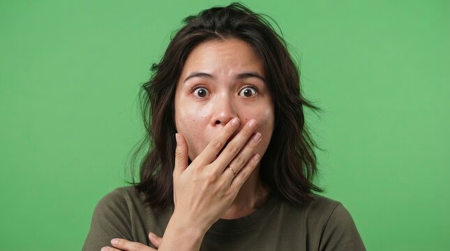 Young Asian Woman Expressing Shock and Amazement Covering Mouth with Hand over Green Background