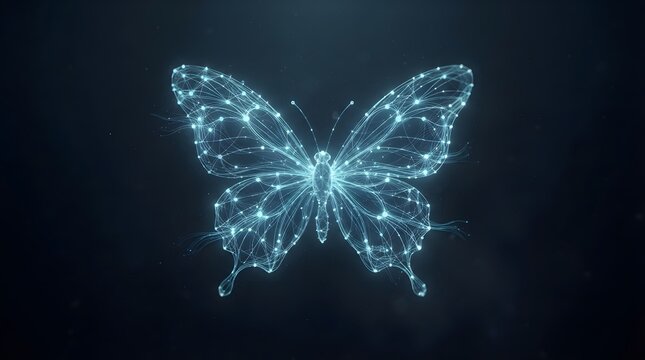 Digital butterfly made of glowing network nodes and data connections in dark space