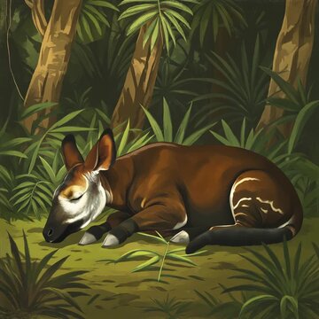 Sleeping Okapi Resting in Lush Forest Habitat Wildlife Photography