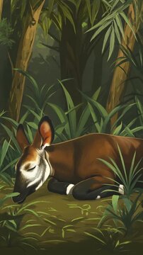 Sleeping Okapi Resting in a Lush Forest Habitat