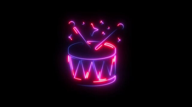 Neon glowing drum icon with drumsticks animation isolated on black background for music event design