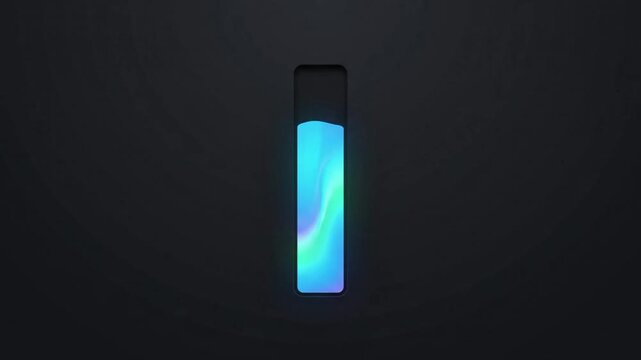 A vertical progress bar rises and fills with a glowing teal-green liquid-like gradient inside a rounded capsule shape on a dark background.