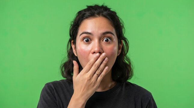Surprised Young Woman With Wide Eyes Covering Her Mouth In Amazement On A Green Screen Background