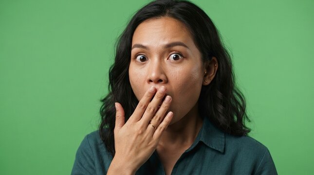 Surprised Young Asian Woman Covering Mouth with Hand in Amazement on Green Screen Background