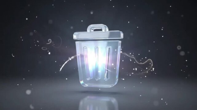 A glowing crystal-glass trash bin icon rotates and floats against a dark backdrop with soft light particles and a reflective floor.