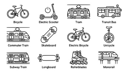 Urban Transportation Icons: Bicycle, Scooter, Train, Bus, Skateboard, Unicycle © Quntul