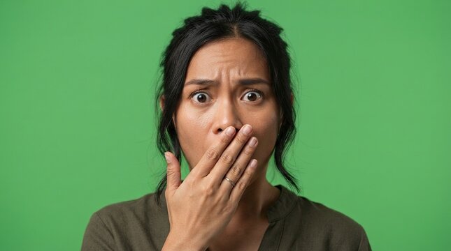 Shocked Young Asian Woman Covering Her Mouth in Disbelief and Staring at Camera on Green Background