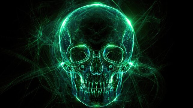Cybersecurity threat warning with glowing green neon skull and smoky digital energy