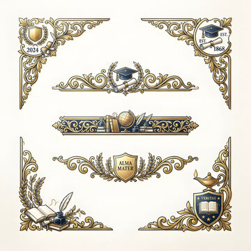 Vintage gold graduation diploma corner ornaments and academic border frames set