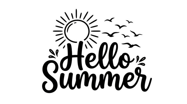 Hello summer text design with sun and birds