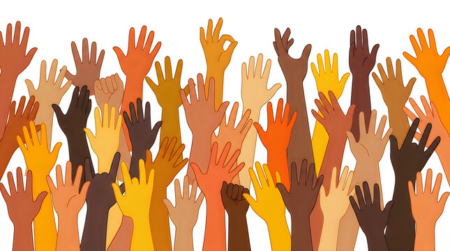 Many colorful hands raised up together in a crowd