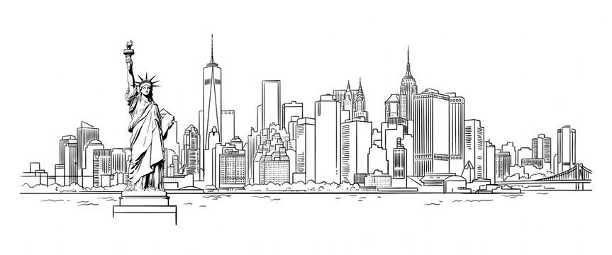 Black and white ink line drawing illustration of new york city skyline.