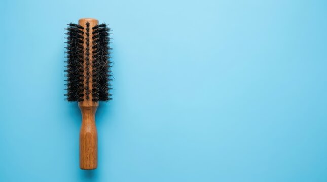 A wooden round hair brush with black bristles on a solid light blue background