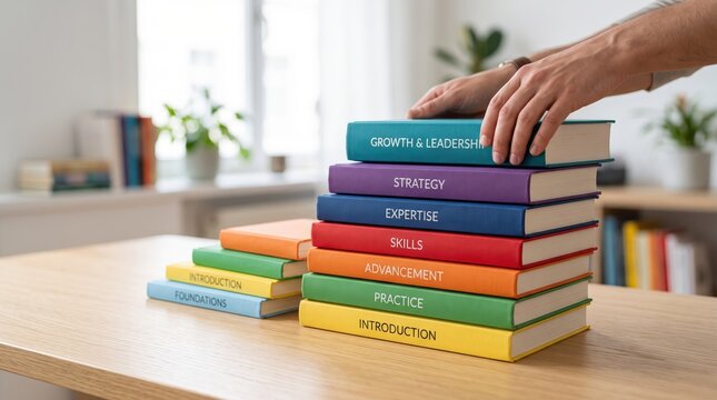 Hands arranging stack of colorful hardcover books with titles like growth leadership strategy expertise skills, education self improvement, professional development learning path