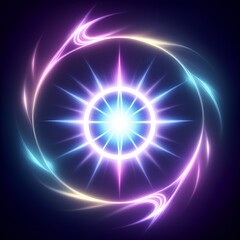 Naklejka premium Vibrant Purple and Blue Energy Mandala with a Central Glowing Star and Swirling Outer Flares Representing Creativity Transformation and the Empowerment of Spiritual Connection.