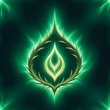 Mystical Glowing Green Plant Emblem or Sigil with a Central Seed Form Representing the Core Principles of Sustainability Growth and the Magic of New Beginnings and Purpose