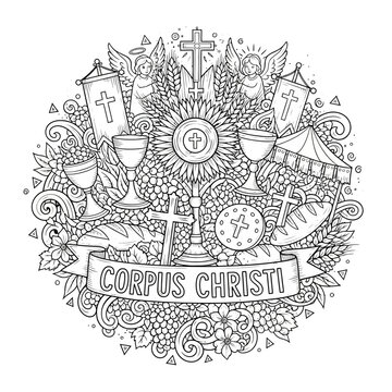Corpus Christi religious holiday hand drawn vector illustration featuring symbolic elements of the Eucharist and catholic faith celebration