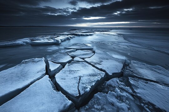 Dramatic icy formations on a frigid shoreline.
