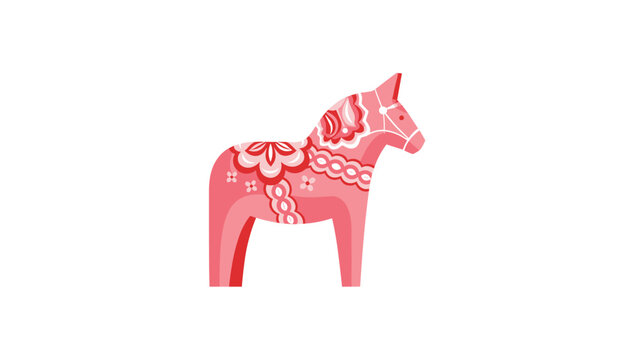Traditional Swedish Dala horse toy in a beautiful pink color decorated with intricate white and red folk art patterns.