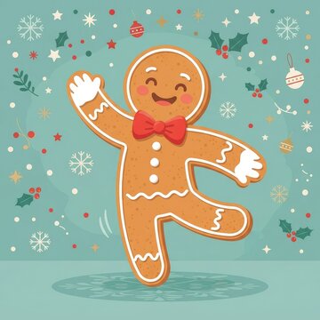 Animated gingerbread figure dancing cheerfully in festive winter