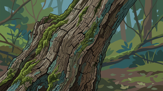 Detailed vector illustration of an aged tree trunk with textured bark and green moss growth. Set in a lush forest environment with leafy branches and soft natural lighting.