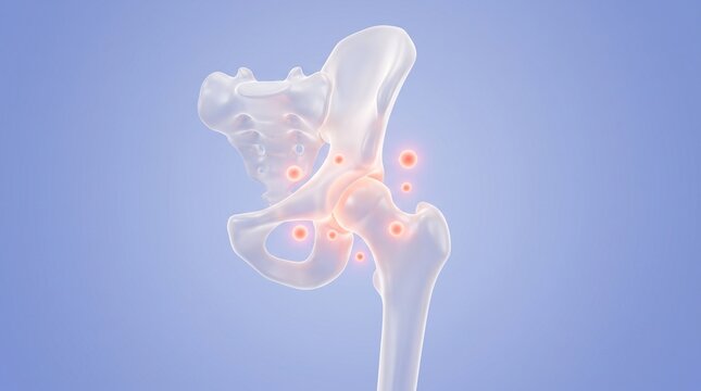 Human hip joint anatomy illustration with glowing points medical rendering