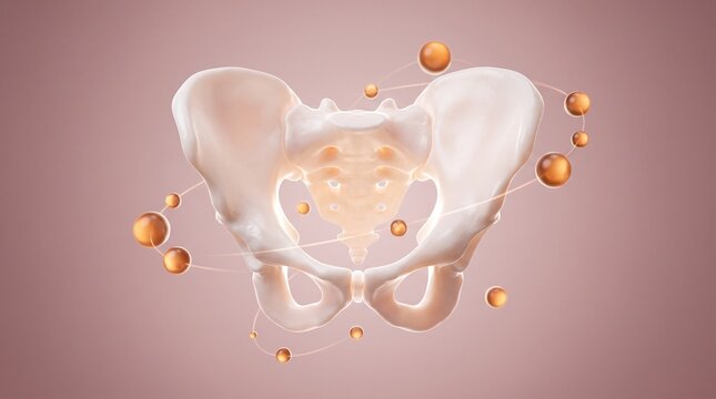 Human pelvic bone with surrounding spheres rendered in a 3d style