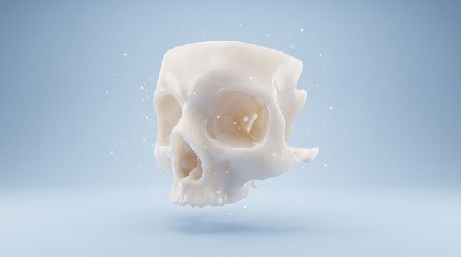 Pearl white human skull floats against a pale blue backdrop