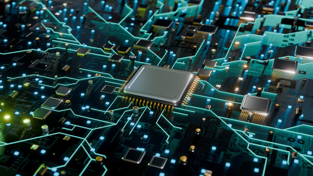 3D Illustration of Futuristic CPU Microchip on Circuit Board