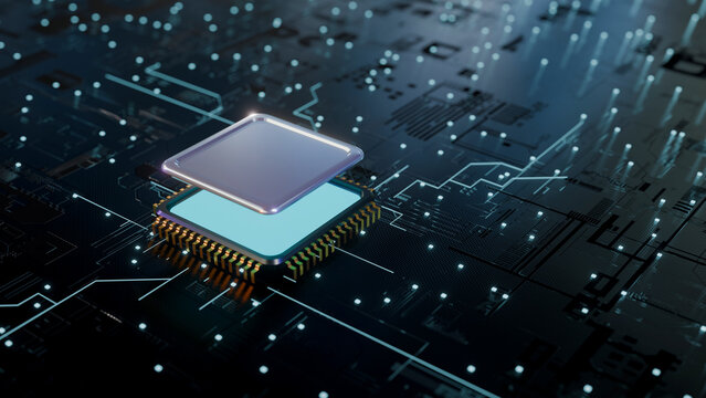 3D Illustration of CPU Processor Chip on Futuristic Circuit Board