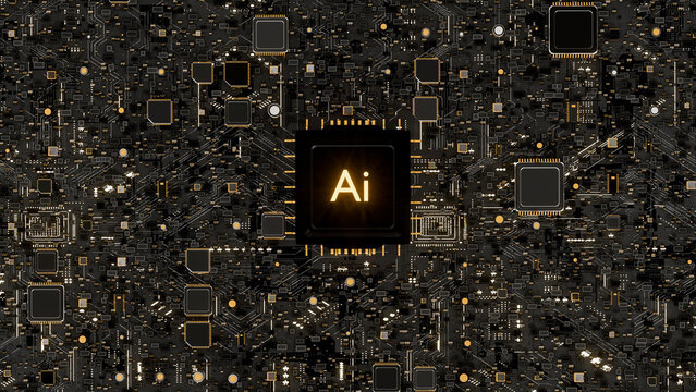 3D Illustration of AI CPU Chip on Dark Gold Circuit Board for Artificial Intelligence Technology Concept