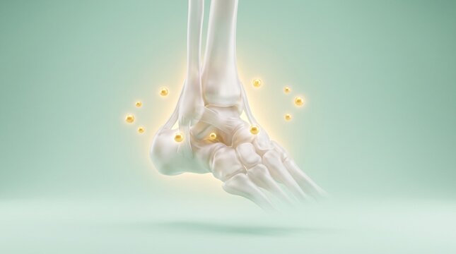 Ankle joint anatomy translucent 3d rendering with glowing particles