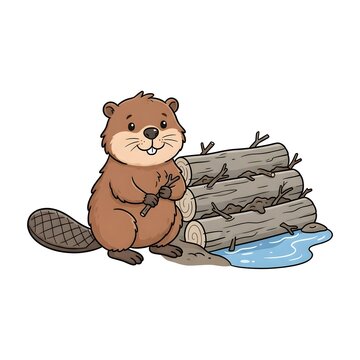Cute cartoon beaver building wooden dam by stream in forest illustration