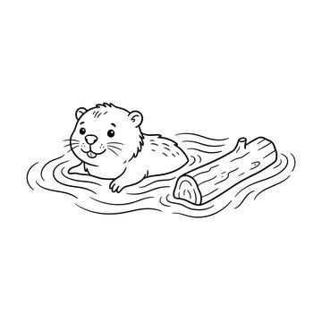Cute cartoon hamster floating on wooden log in calm water with happy expression