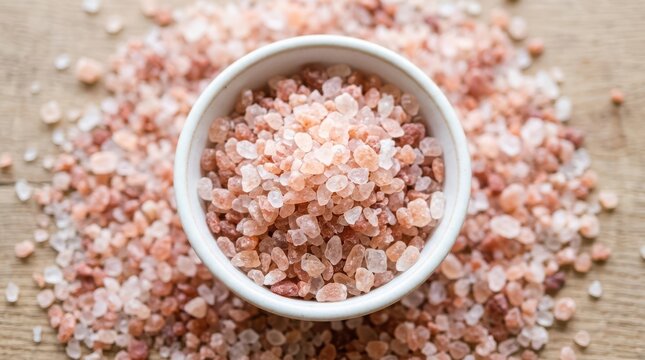 Himalayan pink salt in a small white bowl on a wooden table