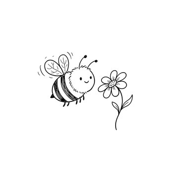 Hand-drawn bee pollinating white daisy flower in simple black line art illustration