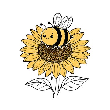 Cartoon bee pollinating bright yellow sunflower with smiling face and wings spread