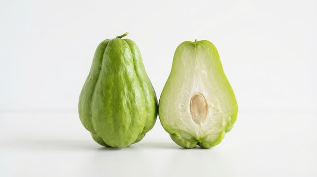 Whole and halved chayote squash isolated on white background
